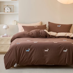 Puppy Dormi 3-piece Bedding Set For 1.2m Bed, 100% Cotton Yarn-dyed Washed Cotton, Cute Dachshund Embroidery, Soft Cozy, Richer Saturated Color, Great For Bedroom Decor, Comfy Sleep, Perfect For