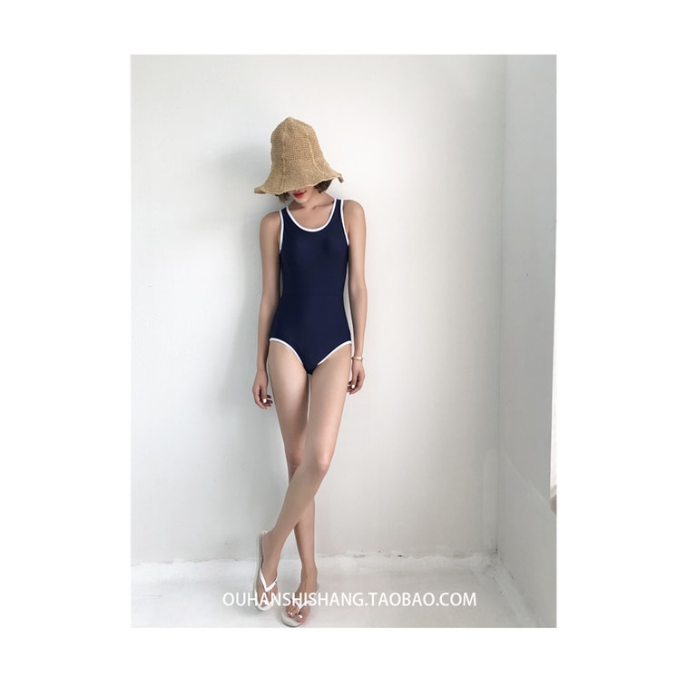 【中國直郵】爪哇島 復古連身性感比基尼遮肚顯瘦泳衣 均碼/藏青色 4