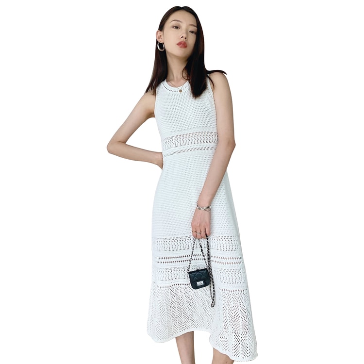 New French Gentle Design Hollow Out Slimming Dress White L