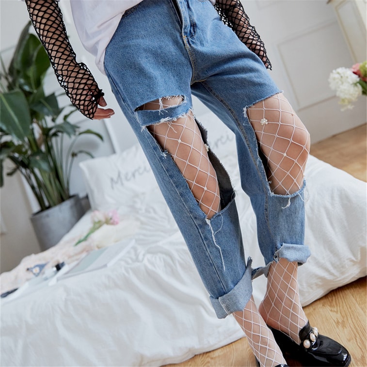 独角定制 夏季性感渔网袜连裤袜女 仿制珍珠钉珠网袜修身弹性裤袜 蓝色 1条 3