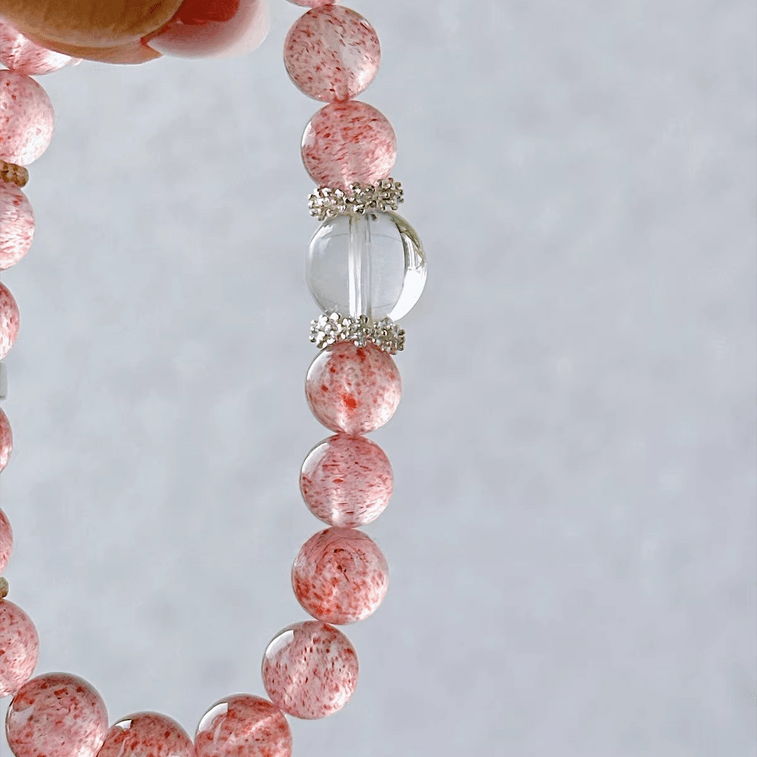 [順風満帆な恋愛] ストロベリークォーツ + ホワイトクリスタルブレスレット 10mm ダブルエネルギーブレスレット/リング ロマンスを引き寄せ、自信を高める 天然宝石ジュエリー ギフトに最適 5