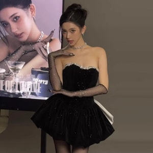 【中国直邮】 HSPM 生日party小礼裙高端轻奢小众在逃公主蓬蓬裙黑色大蝴蝶结丝绒抹胸连衣裙 黑色 S