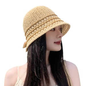 Bow woven breathable bucket hat, versatile for outdoor travel, small face enhancing sun hat, women's sun hat, Mikaki Line F