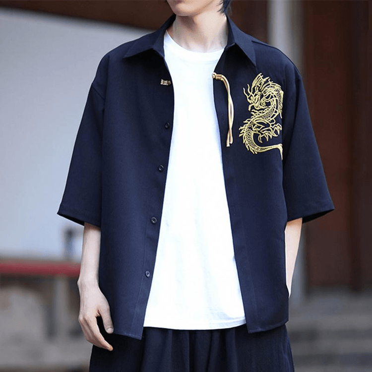 ASIS 新中国風アイスシルクドラゴン刺繍ボタン付きミドルスリーブ唐装