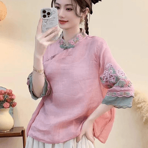 Chinese Style Half Sleeves Embroidery Knot Button Stand Collar Shirt Tops Pink L