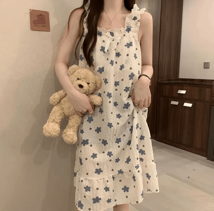 【中国直邮】 Lullabuy 蓝色碎花睡裙吊带女士家居服纯棉-M码