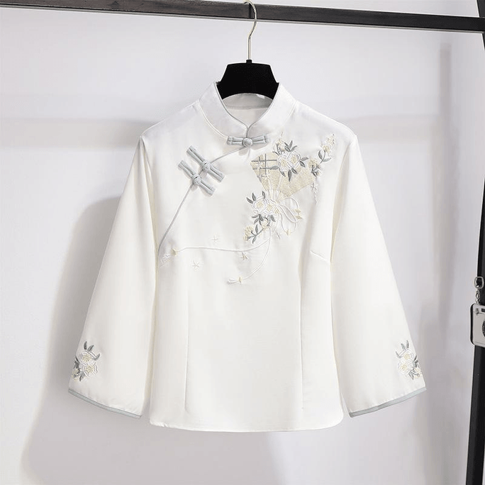Chinese Style Embroidered Knot Button Cheongsam Tang Suit Hanfu Tops White M
