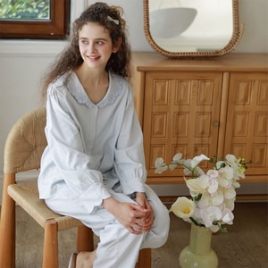 Cotton Brushed Lapel Embroidered Lace Loungewear Long Sleeve Pajama Set Blue Stripe M 1 Set