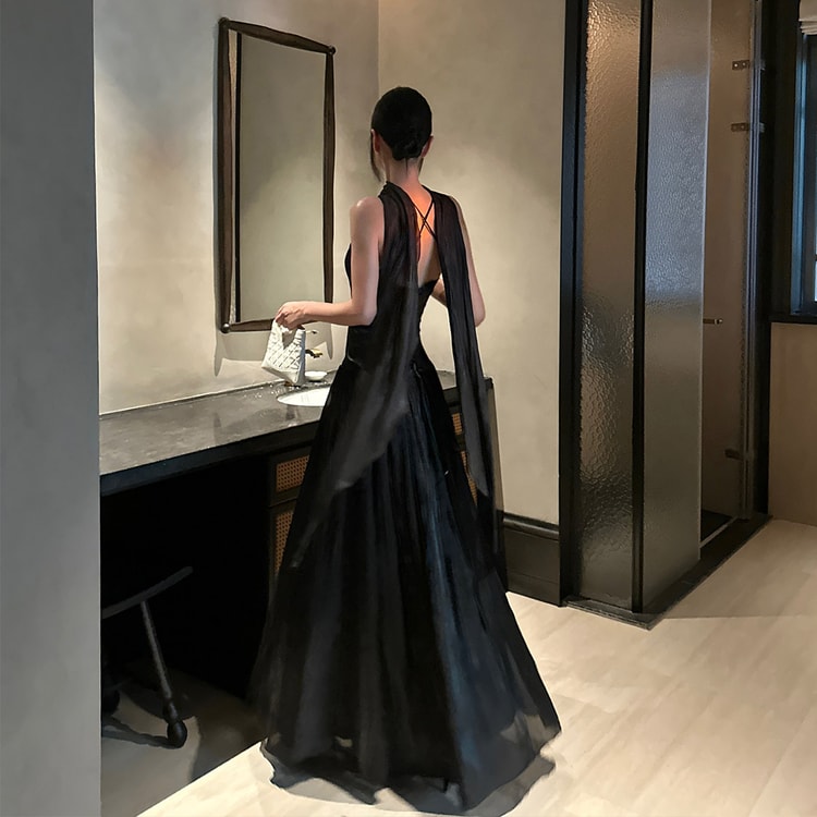 French Halter Dress Engagement Dinner Birthday Cocktail Gown Elegant Maxi Dress Black Model Version L