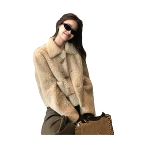 Short Wool Fur Coat Horn Buttons Light Yellow L