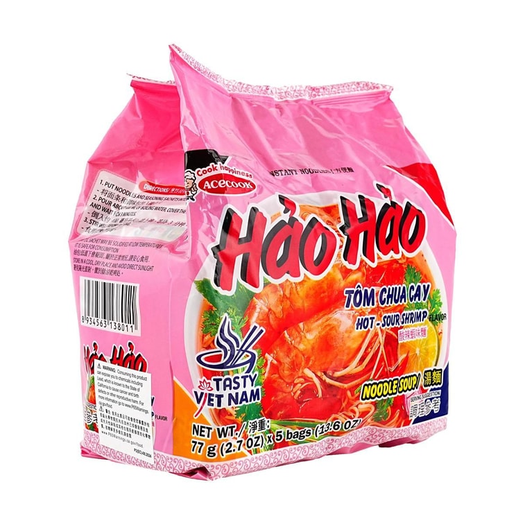 Hao Hao Instant Noodles, Tom Chua Cay Hot Sour Shrimp Flavor, 2.7 oz*5 Bags 5