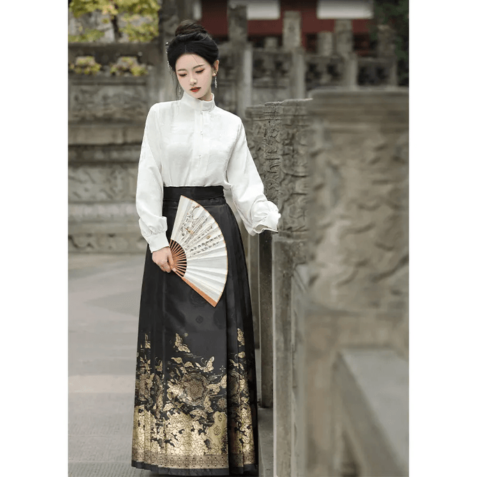 【中國直郵】蕁茉莉風鈴語 秋冬新款原創明製漢服 黑色立領衫+紅色馬面裙 S