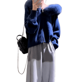 【中国直邮】 奢笛熊 韩系秋冬高级感慵懒风毛领针织毛衣外套巨好看厚款上衣外穿 蓝色 M