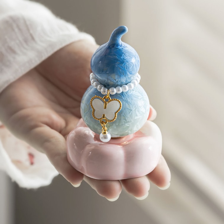 【中国直邮】 HSPM 景德镇陶阳新村转转葫芦摆件网红同款结晶釉陶瓷玩具茶宠可爱送礼 转转葫芦-黄绿 礼盒装 1个 9