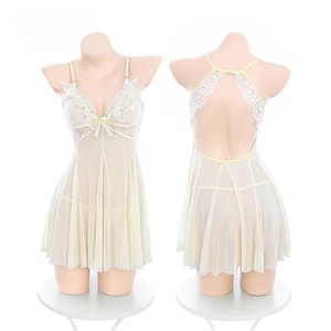 Sexy Lingerie Lace Milk Fur Deep V Perspective Sleeping Skirt Milk Yellow One Size