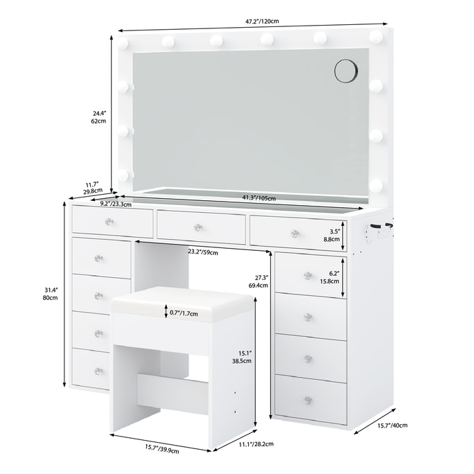 Vanity Table (white) Warm Light Simple Installation 47.2 Inch 120cm Large Capacity Vanity Table