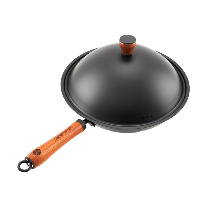 Lao Fan Guo Hand-Forged Refined Iron Stir-Fry Wok with Black Lid, 33cm