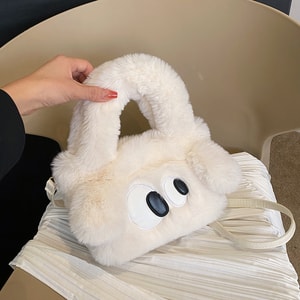 New Cute Plush Big Eyes Puppy Handheld Crossbody Bag White M