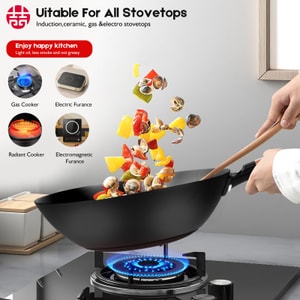 Chinese Carbon Steel Wok  With Lid Carbon Steel Pan Flat Bottom No Chemical Coated For All Stoves 30CM