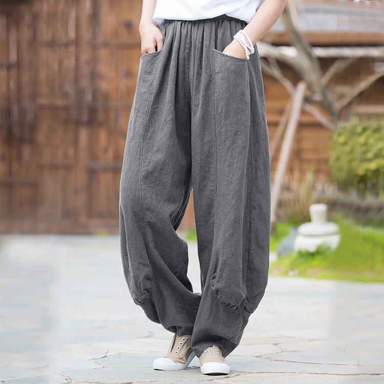 Chinese Style Ramie Retro Casual Wide Leg Pants For Women Grey