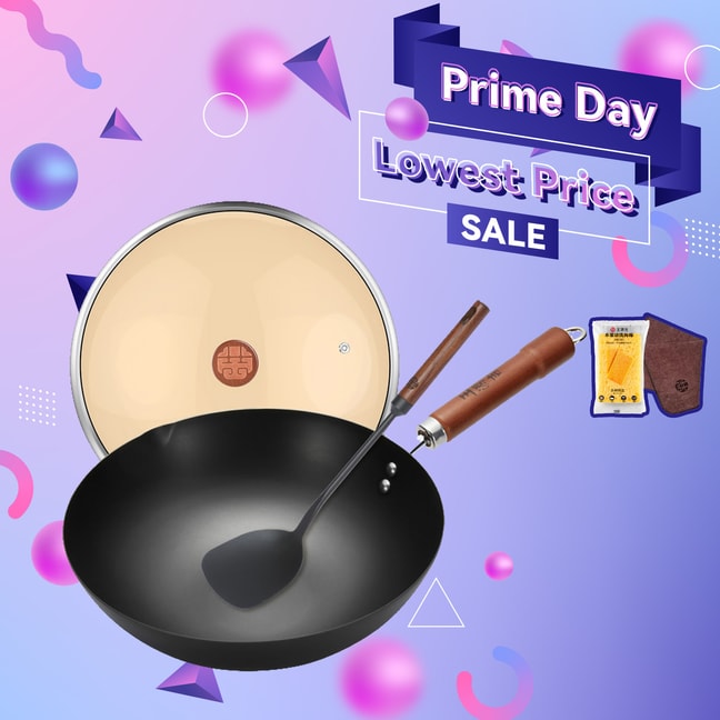30CM Chinese Carbon Steel Wok + Spatula Set Carbon Steel Pan With Lid Flat Bottom No Chemical Coated For All Stoves