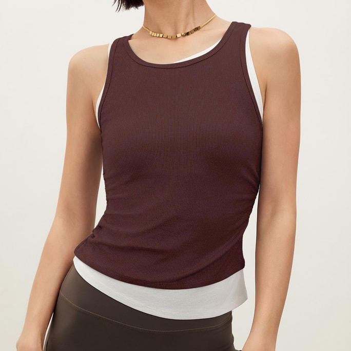 Ribbed Yoga Tank Top Coffee Size M 1 piece High Elasticity Built-in Bra Sports Top Slim Fake Two-piece For Running And Fitness