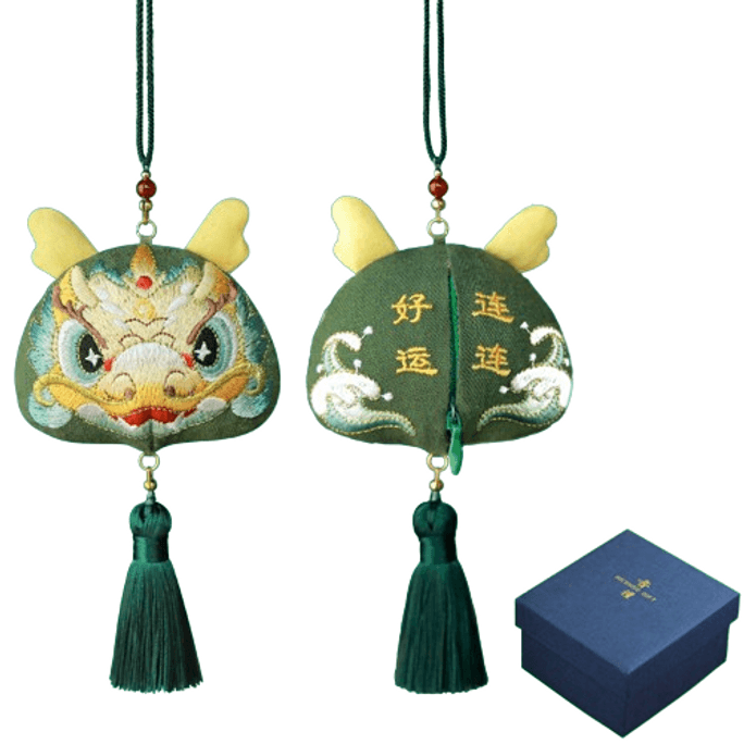 Auspicious Year Of The Dragon 12 Zodiac Sachets Green Dragon Peace Bag Fringe Sachet Gift Box + Moxa Powder Bag