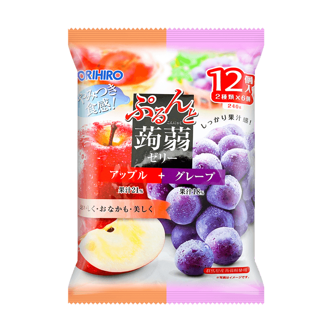 日本ORIHIRO 低卡高纤蒟蒻果汁果冻 双拼口味 苹果+葡萄 12枚 240g