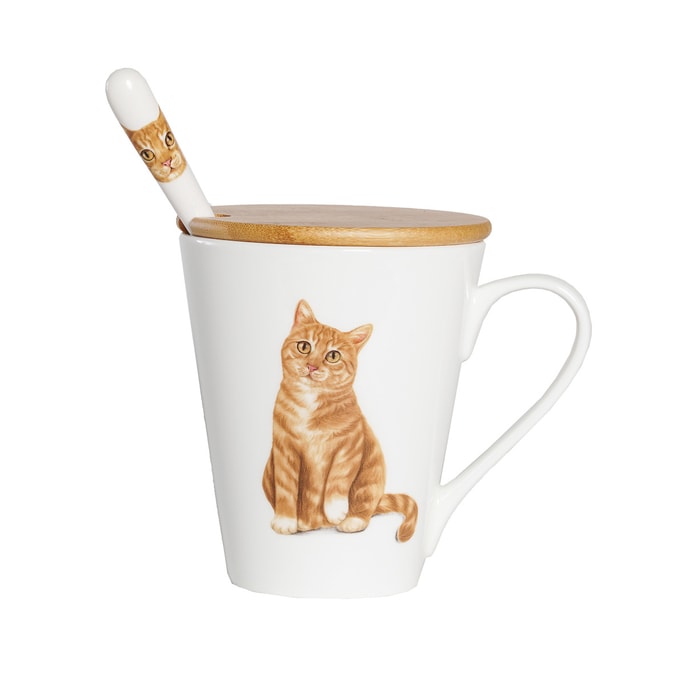  Pet Portrait Porcelain Water Cup with Lid & Spoon - Orange Tabby