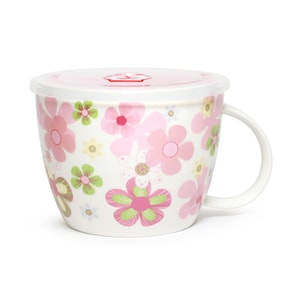 GINKGOHOME 手绘可爱动物 陶瓷便当盒面碗带盖可微波 精美陶瓷餐具 粉色樱花 24oz