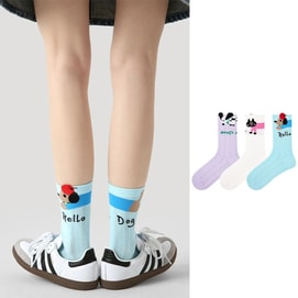 New Thin Mesh Breathable Japanese Cute Embroidered Middle Socks Cat And Dog Party 3 Pair Set