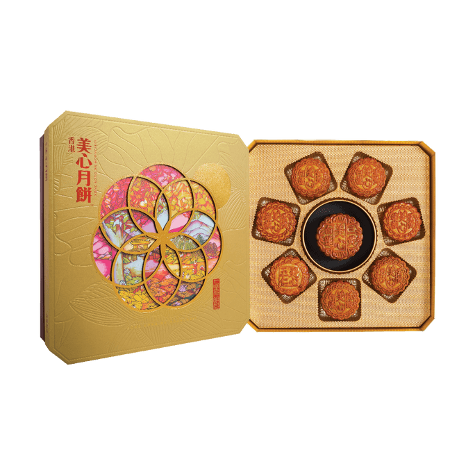 【预售 预计7月底发货】香港美心 七星伴明月 典藏月饼礼盒 6口味 8枚入 1350g【中秋尊贵系列】 三黄白莲蓉月饼*1 蛋黄白莲蓉月饼*2 蛋黄莲蓉月饼*2 五仁月饼*1 蛋黄豆沙月饼*1 低糖蛋黄白莲蓉月饼*1【中秋礼盒】