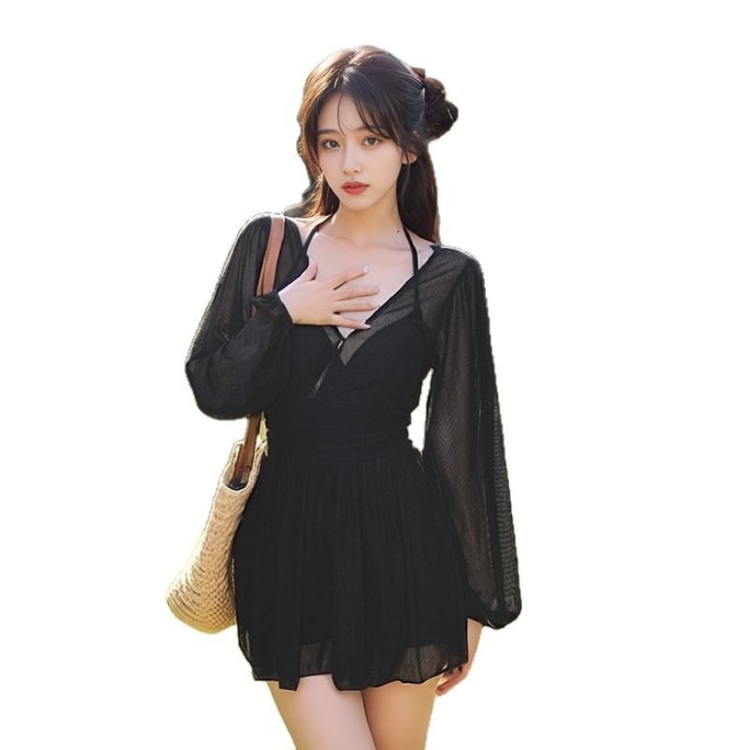 Leisure Vacation One-piece Slimming Conservative Swimsuit Black M Size