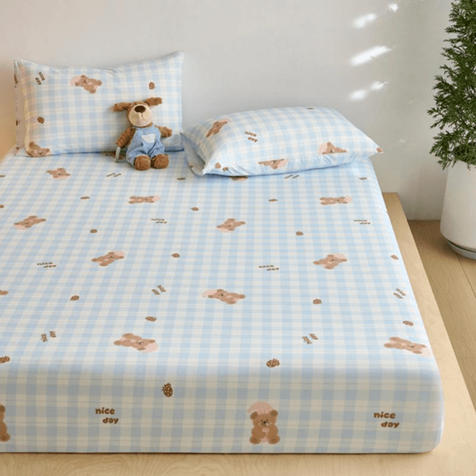 Canada Lullabuy Parure de lit rafraîchissante d'été motif cartoon (1 couvre-matelas + 2 taies d'oreiller) Literie d'été fraîche et douce pour la peau Carreaux oursons bleus - Queen Size