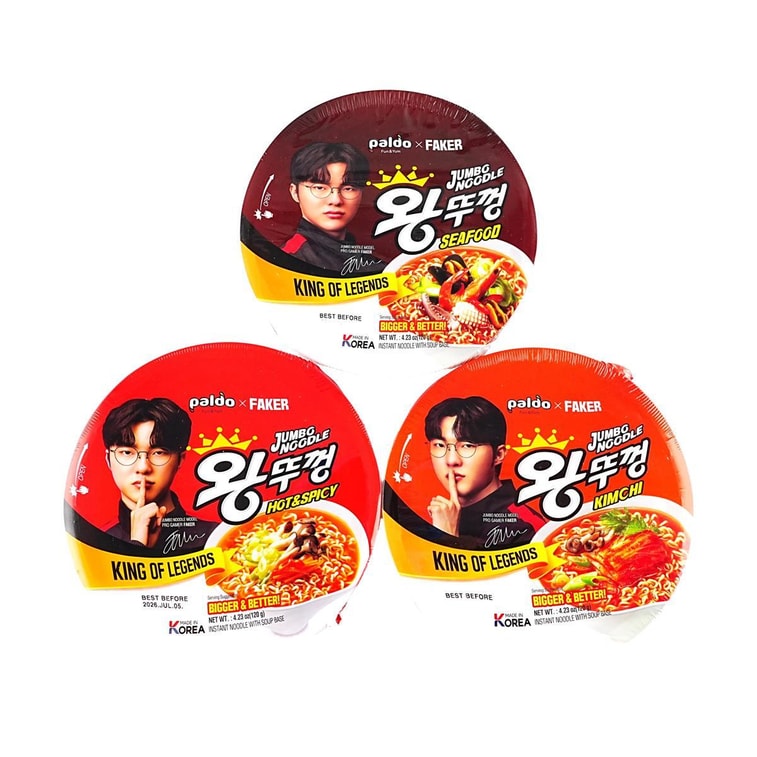 Faker × Wang Tukong ジャンボヌードル - スープベース付き韓国インスタントラーメン、3種類のフレーバー×2、4.23オンス×6パック 【伝説の王】 3
