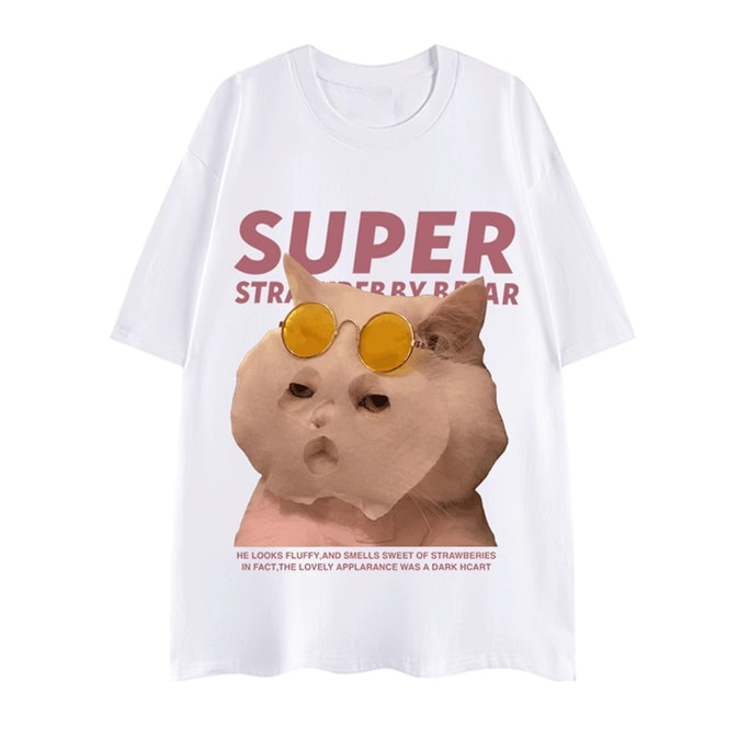 New Niche Loose And Comfortable Couple Style Pure Cotton Short Sleeved Shirt White Cat M