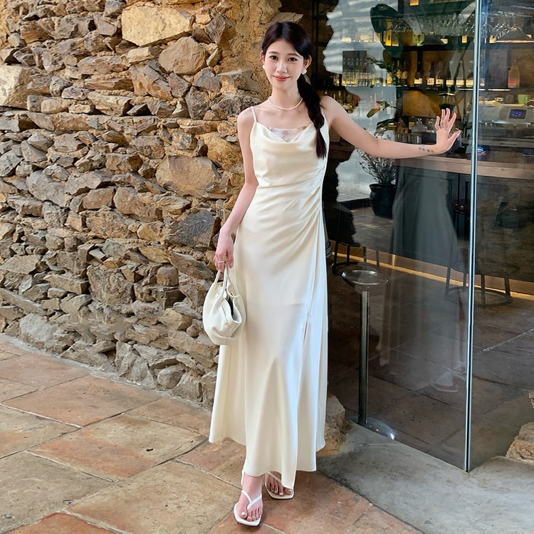 formal dress with suspender New French Style Swing Collar Acetate Satin Slit In Beige Color L Size  US 6