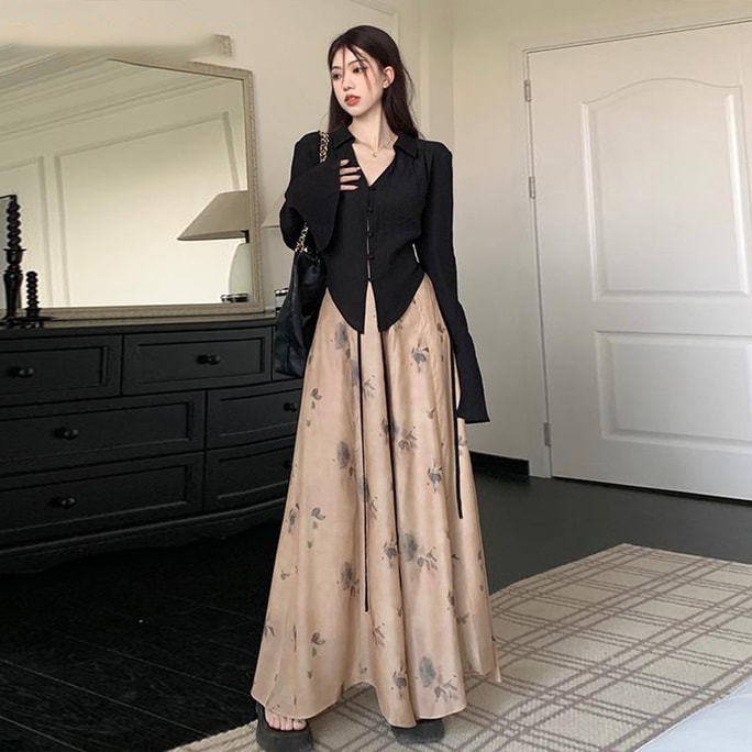New Chinese Style Thin Chinese Style Suit With Ink Black Shirt And Sandalwood Colored Skirt Pants S