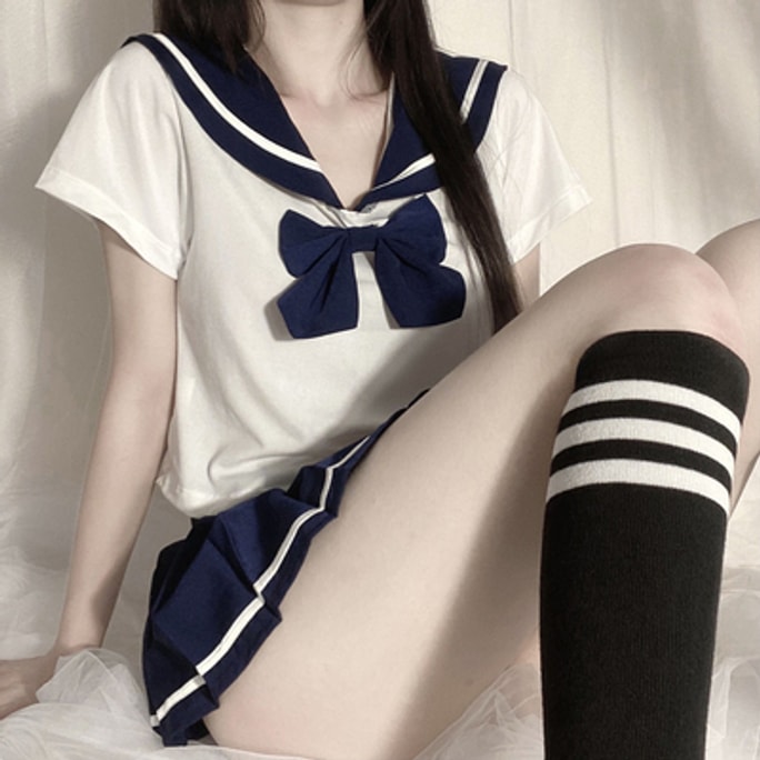 Sexy lover underwear uniform set passion silk slide small breast sailor clothes pure pleated skirt code blue white suit