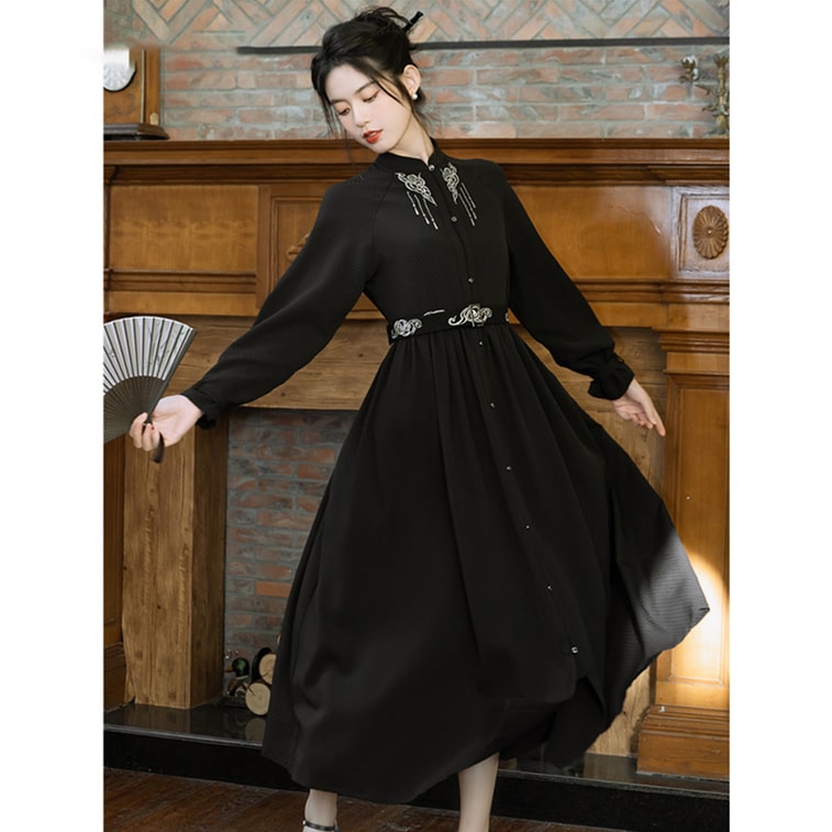 New Chinese Style Waist Cinched Stand Up Collar Dress In Dark Black M 3