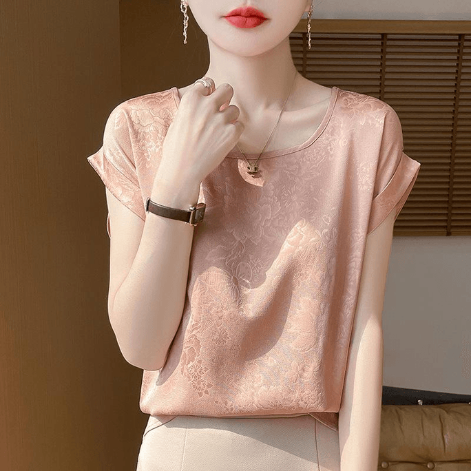 Chinese Style Stain Jacquard Round Neck Short Sleeves T Shirts Pink 2XL