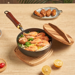 【Ultimate Quick-Cook Pot for Solo Dining】20CM Carbon Steel Iron Wok With Wooden Lid Nonstick Stir Fry Pans for ElectricInduction and Gas Stoves