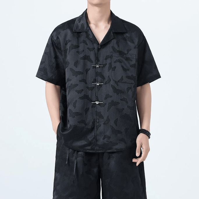 ASIS 신형 중국식 메탈 버튼 자카드 루즈 반팔 셔츠 탑 - 블랙 5XL