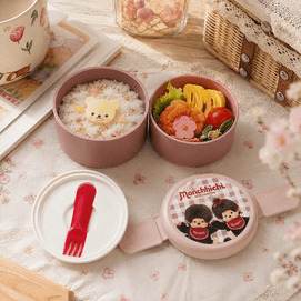Monchhichi Round Double-Layer Lunch Box with Fork【Microwave Safe】【Compact Storage】