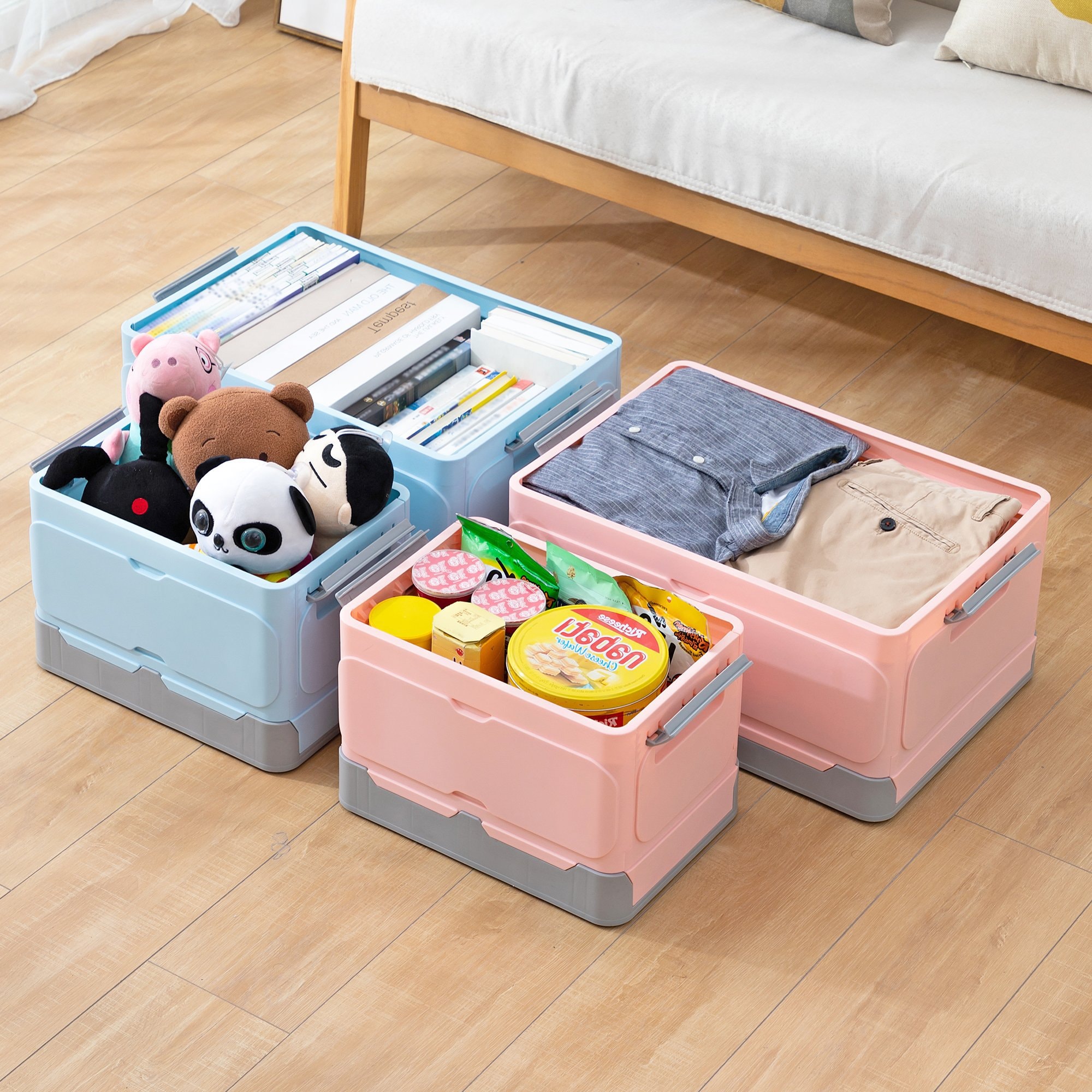 折叠收纳箱 ROSELIFE 适合书本 衣服 零食 玩具等的储物盒 适合家用 超市购物 汽车后备箱 18.5" X 13.5" X9.0" 大号蓝