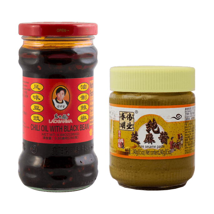 Chili Oil with Black Soybean in Jar 280g + Pure Sesame Paste 240g【Value Pack】【Spicy Hot Pot Sauce】