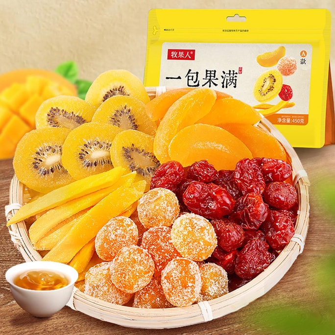 牧果人 一包果满 果脯蜜饯 A款 450g【黄桃干+圣女果干+猕猴桃干+芒果条+冰糖金桔】
