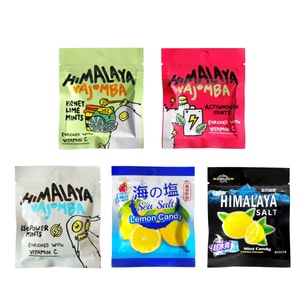 マレーシア産ビッグフックミント、1箱5個入り：ミントライムハニー、パワフルビタミンCミント、ライトニングフルーティーミント、ソルテッドレモン、ミントソルテッドレモン、輸入ヒマラヤ岩塩使用、個包装
