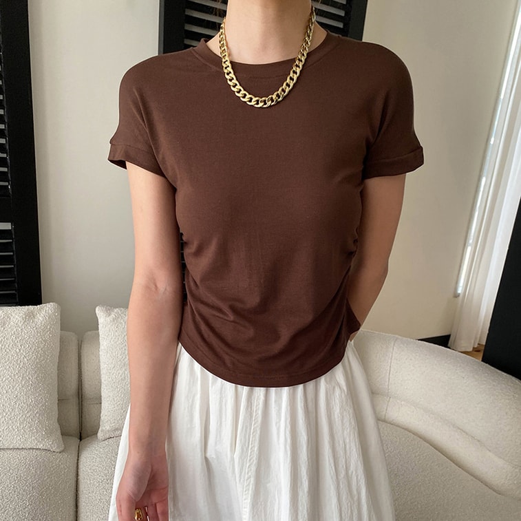 Paper Man Wearing Simple and Versatile Round Neck Folded Waist Slimming Short Sleeve T-shirt White L 7