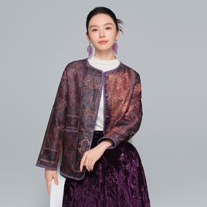 [中国直送] HSPM 新中国風シルクガーゼジャケット レディース 長袖 ラウンドネック レトロ冬物 グレーパープル Mサイズ